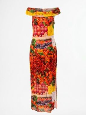 NWT Zara Off Shoulder Fruit Print Maxi Dress Size L – Vibrant Chili Pepper Print